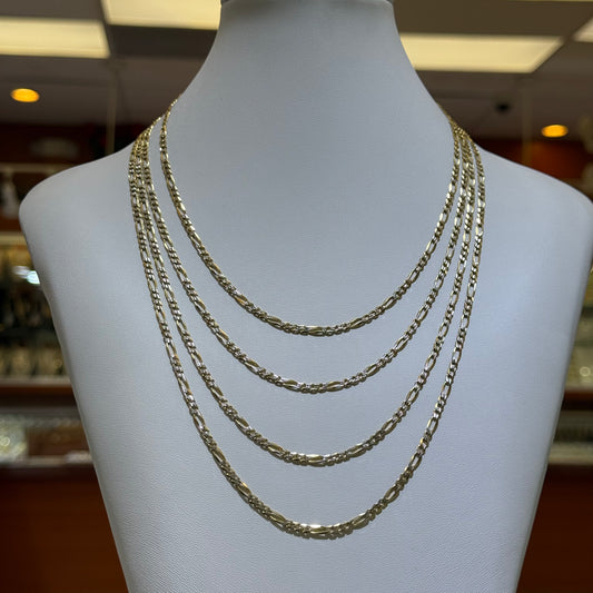 14k 3mm Solid 2-Tone Diamond Cut Figaro Chain