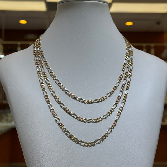 14k 4mm Solid Tri-Color Figaro Chain