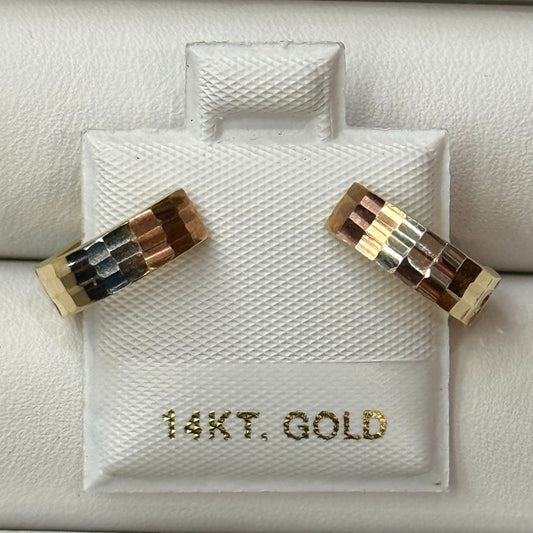 14k Small Diamond Cut Tri-Color Hoops